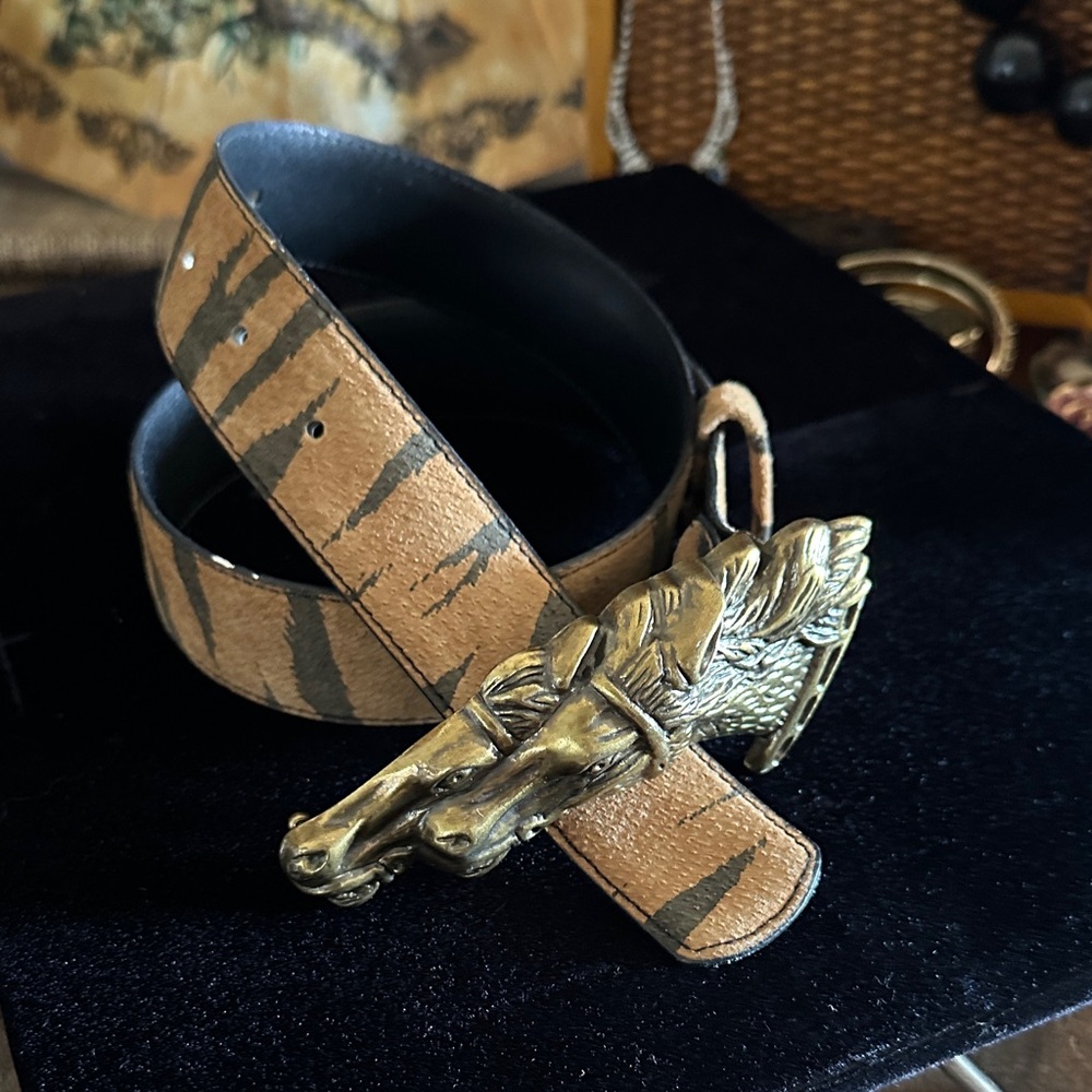 Vintage Brown Leopard Leather Belt w/ Brass Horse Buckle